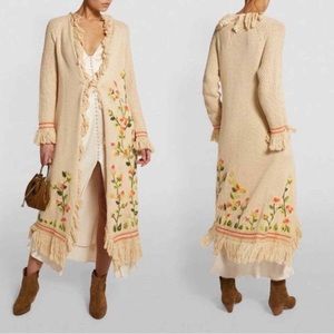 LoveShackFancy Beige Fringe Floral Embroidered Valencia Duster Cardigan - Small